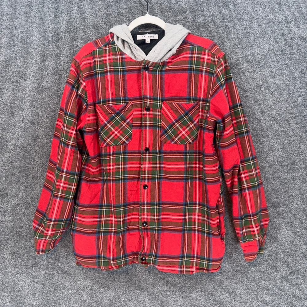 Pacsun Flannel Shirt Mens Medium Red Plaid Hooded Quilted Lined Button Up Jacket